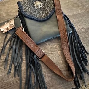 Montana West Navy Blue Leather Fringed Crossbody Bag